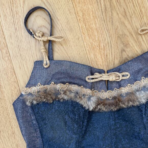Vintage Italian Denim Corset Top with Fur Trim & Lace-Up Back (M) - Picture 5 of 11